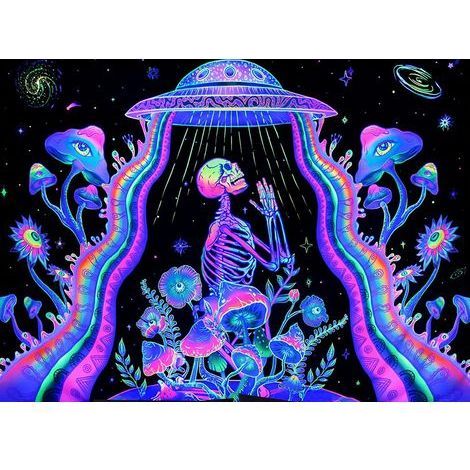 Tapisserie fluorescente astronaute et crâne, effet psychédélique sous lumière noire, 95 x 73 cm (1/5)