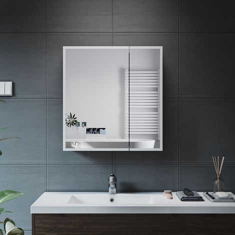 ELEGANT LED Bathroom Cabinet Stainless Steel Cupboard Mirror Cabinet with Shavor Socket Touch Sensor 600x630X125mm 3 Color Tone Demister Dimmable Bluetooth Colock/ Temperture Dispaly