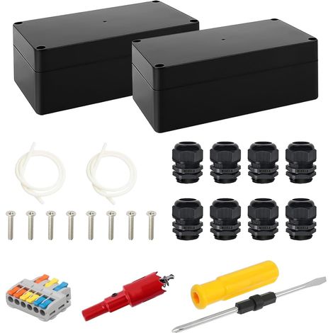 2 Pièces Boite Serivation Etanche Exterieur, Boite Etanche Electrique Exterieur IP65 avec 8 Presse Étoupes, Coffret Electrique avec Tournevis, pour Installations Électriques (158 × 90 × 60 mm, Noir) (1/5)