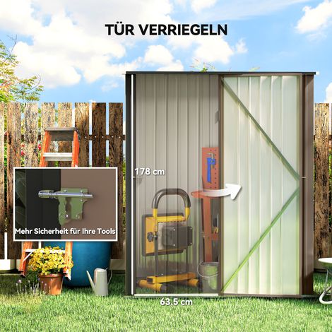Abri de Jardin Métal 1,34m² 161,5x94,5x196cm Cabane de Rangement avec Toit en Pente, Porte Verrouillable, Résistant aux Intempéries, Abri Extérieur pour Jardin Terrasse Marron (1/4)