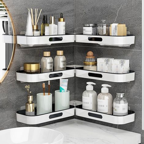 Lot de 3 étagères d’angle murales pivotantes sans perçage, support de rangement en plastique pour salle de bain, articles de toilette et cosmétiques, optimise les petits espaces (1/5)