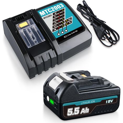 Kit de batterie 5,5 Ah compatible avec 18 V, remplacement pour BL1850B BL1860B BL1850 BL1845 BL1840 BL1830, avec chargeur rapide DC18RC pour visseuse sans fil, perceuse, outils électriques (1/5)