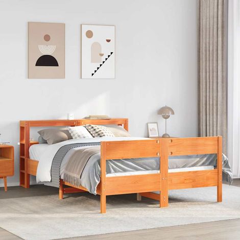 Cadre de lit 140 x 190 cm avec tête de lit et étagères, pin massif, cire marron, sans matelas - PANGIVO (1/5)