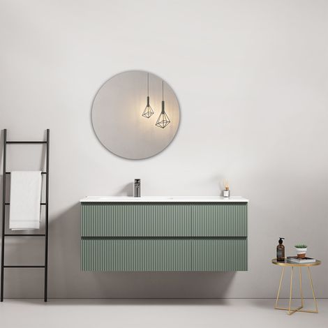 Mobile bagno sospeso cannettato 120 cm Verde Salvia Lavabo a Sinistra in Ceramica Specchio Tondo - Fiji Paint (1/3)