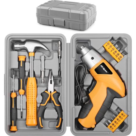 19 pièces Tournevis Électrique USB 3.6V Jaune & Kit Outils Maison. Tournevis Sans Fil Rechargeable et Coffret Compact d’Outils à Main (1/4)