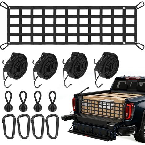 Filet de Hayon, 152 X 45 cm, Filet de Chargement, Filets Séparation Robuste, avec 4 Mousquetons en Acier, 4 Sangles À Boule et 4 Sangles de Fixation, pour Pick-Up, Camions, Remorques, Jeeps et SUV (1/5)