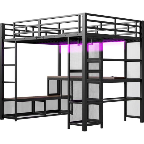 DESVIAE Lit mezzanine 140x200 cm en métal avec bureau rangements penderie ouverte USB LED noir (1/5)