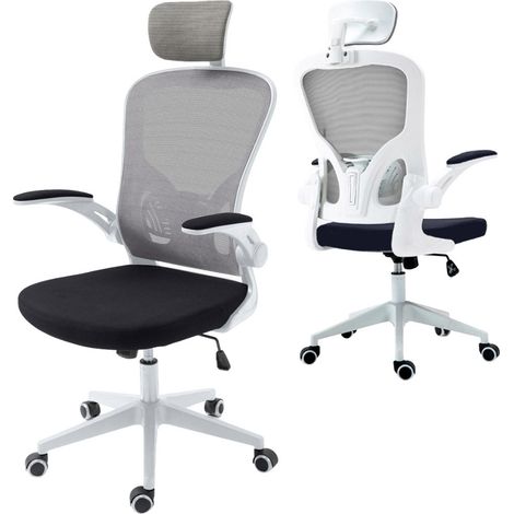 Sedia Direzionale da Ufficio 62x63x119/129 cm Ergonomica con Braccioli Pieghevoli Bianca e Nera (1/5)