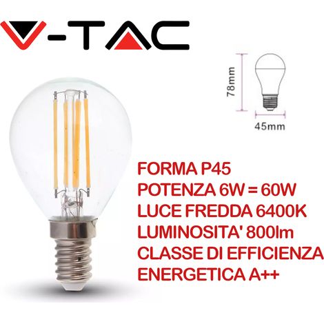 LED LAMPADINA 6W FILAMENTO E14 P45 TRASPARENTE 6400K 130LM/W - Luce FREDDA