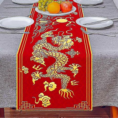 Chemin de table chinois, 1 nappe rouge avec motif dragon du zodiaque chinois, 180 x 35 cm, nappe imprimée dragon doré pour le Nouvel An lunaire 2024 et la Fête du Printemps (1/5)