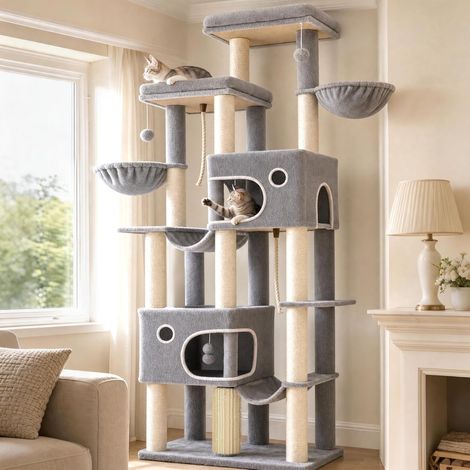 Arbre à Chat, XXL Grand Tour à Chat de 213 cm de Haut, avec 10 Griffoirs, 2 Grand Plateformes Grottes, 2 Hamacs, Panier a Chat, Pompons, Convient aux Chats Maine Coon, Gris Clair