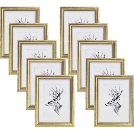 WOLTU 10x Cadre Photo, 10x15cm, Cadre en Bois et Verre, Or (1/4)