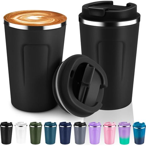 Volhoply 360ml 12oz Doppelwandige, isolierte Vakuum-Reisebecher mit Klappdeckel, 2er-Pack, wiederverwendbarer, auslaufsicherer Edelstahl-Kaffeebecher, Thermobecher für heiße und kalte Getränke (Schwar (1/5)