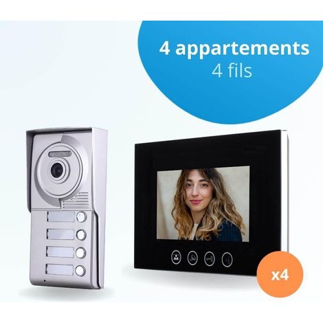 Portier interphone vidéo CLASSIC 4 Fils - 4 appartements - 4 écrans noirs 7" - avec mémoire photos