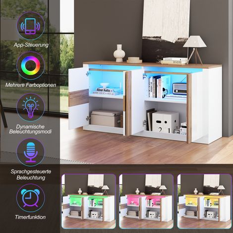 Buffet 140x35x70cm MDF, 4 portes, éclairage LED RGB, finition chêne blanc brillant, commode avec étagères ajustables, contrôle via app et vocal, meuble séjour/salle à manger (1/5)