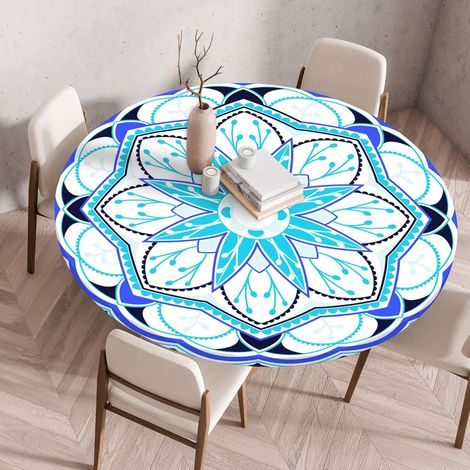 Round Tablecloth, Mandala Pattern Tablecloth with Elastic, Washable Waterproof Polyester Tablecloth for Kitchen, Dining Room, Hotel, Garden (Mandala D, 140CM) (1/5)