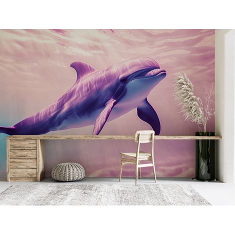 Papier peint animaux - dauphin bondissant sous un ciel rose - 150 x 250 cm (1/2)