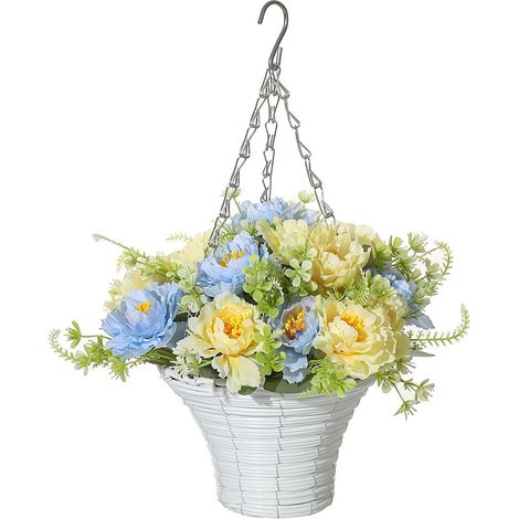 Cesta colgante artificial [Estilo 7] – Ramo de flores decorativo para el hogar en una maceta de hierro. (1/5)