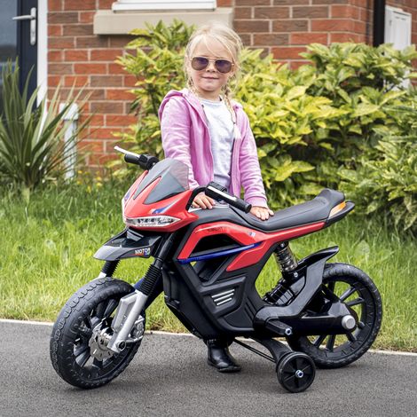 HOMCOM Moto électrique pour Enfants de 3-6 ans 25 W 6 V 3 Km/h Effets Lumineux et sonores roulettes Amovibles Charge max. 30 kg Rouge