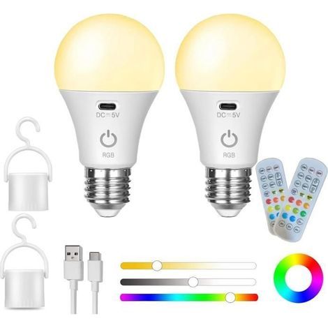 USB C Rechargeable Battery Light Bulb with Remote Control - E27 RGB Smart Bulb - 3 Color Temperatures - 2000mAh - 5W - 2 Pcs (1/5)