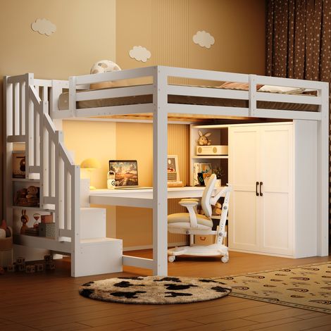 Hochbett Holz Weiß 140x200 cm mit Schreibtisch, Regal, Kleiderschrank, Stauraumtreppe, LED und Lattenrost (1/5)