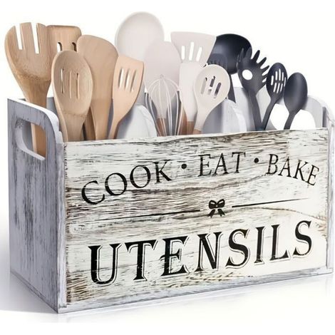 Organisateur d'ustensiles de cuisine en bois, style rétro, extra-large et robuste – Design à 3 compartiments (Finition bois nature (1/5)