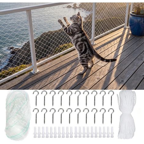 Filet Chat Balcon 8x3m, Filet de Protection Transparent avec 20 Crochets, Chevilles (1/5)