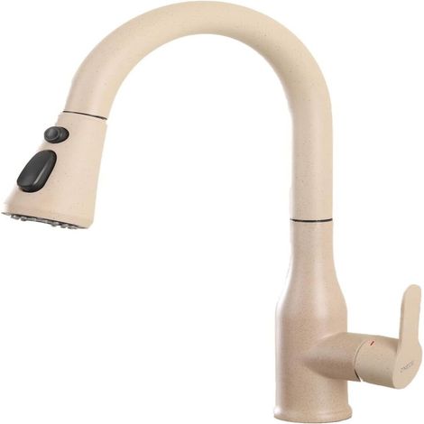 Beige Küchenarmatur mit Ausziehbrause, schwenkbarer Spültischmischer mit 3 Wasserstrahlen, 360° drehbare Armatur für Doppelspülen (1/5)