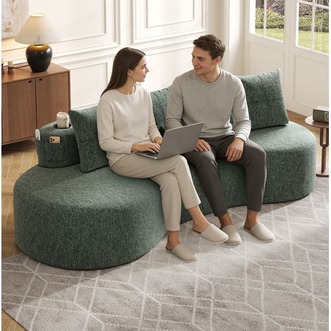 Divano in lino verde 240 cm con portabicchieri e tasche laterali (1/5)