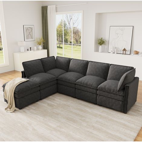 Canapé d'angle modulable XXL avec fonction couchage, ottomane mobile, chenille gris OKMYHOME (1/5)