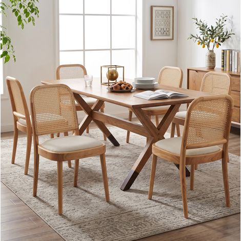 Juego de 6 sillas de comedor de madera y ratán, asiento de lino, color madera OKMYHOME (1/5)