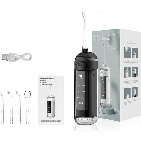 Douche buccale 6 modes - Irrigateur buccal portable, étanche IPX7, fil dentaire inclus, brosse à dents avec 4 embouts, à domicile et en voyage, noir