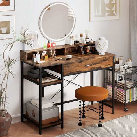Bureau Informatique avec Étagère Supérieure Tiroir et Étagère à 2 Niveaux Bureau d'Écriture et d'Étude avec Cadre en Métal Robuste Marron (1/3)