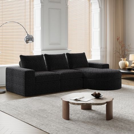 Canapé 3 places, canapé d'angle en L avec 3 coussins, éléments courbes, sans cadre, en chenille, noir (1/5)