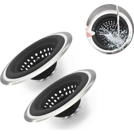 Crépines d'évier lot de 2 en acier inoxydable noir 12 x 4 x 4 cm réutilisables avec joint extérieur en silicone pour évier lavabo et cuisine (1/5)