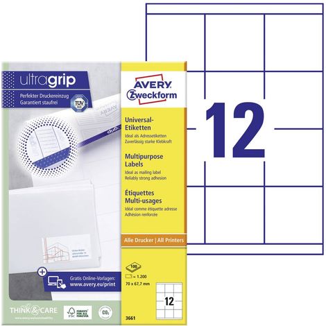 Avery-Zweckform 3661 Etichetta universale 70 x 67.7 mm Carta Bianco 1200 pz. A tenuta permanente Stampante laser a colo (1/5)
