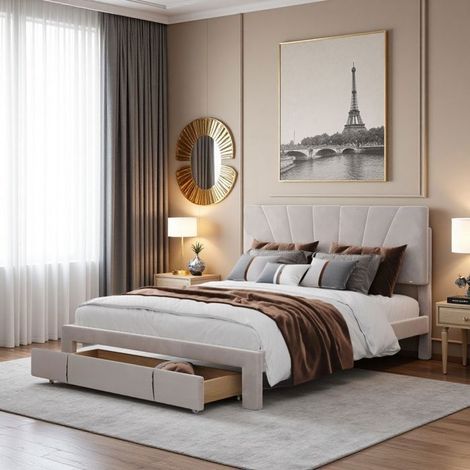 Cama doble 140x200, Cama con cofres y cajones - Cajones espaciosos ocultos - Terciopelo beige - Diseño francés elegante