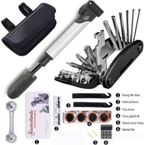 Kit de réparation de vélo portable, kit multifonctionnel de réparation de VTT, réparation de pneus et pompe. (1/3)