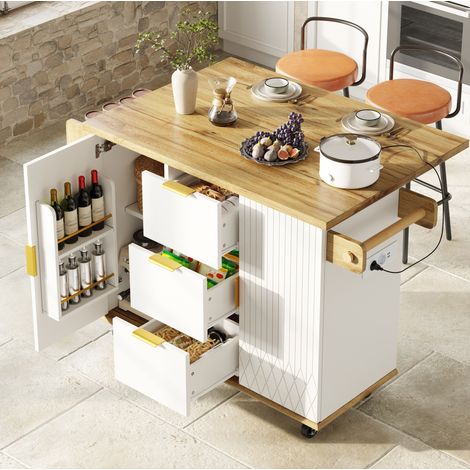 Mueble de cocina móvil con enchufe y 2 taburetes de bar blanco efecto madera HAVRYA (1/5)