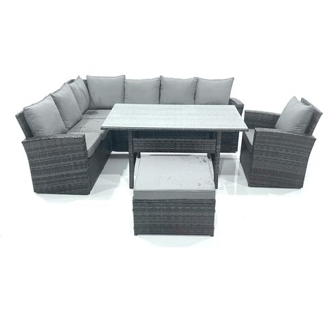 Fimous 8 Seater Garden Rattan Furniture Corner Dining Set with Big Footstool Indoor Outdoor Lounge Sofa Set Dark Grey Mixed (1/5)