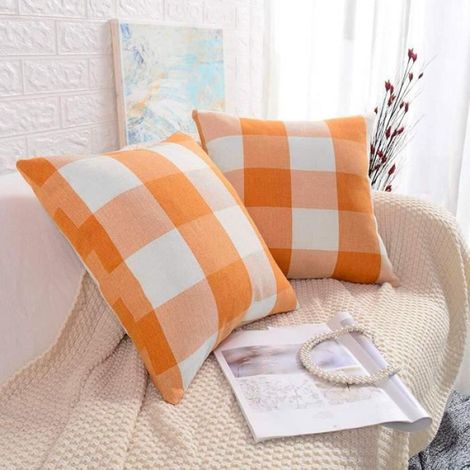 Housse De Coussin - Orange blanc - 45 x 45 cm - Coton et lin - 2pcs avec Fermeture éclair Invisible (1/4)