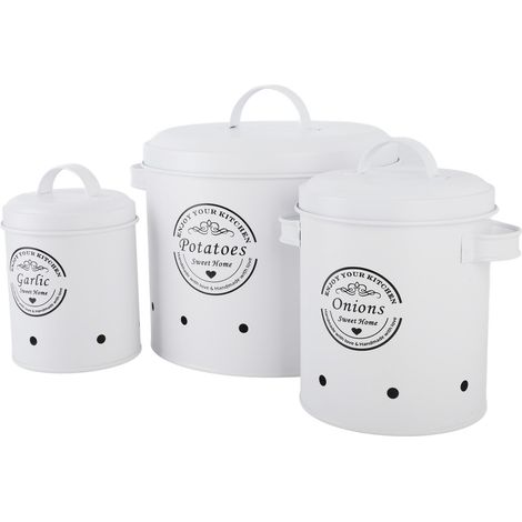 Lot de 3 boîtes de rangement pour pommes de terre et oignons, acier au carbone de style fermier, récipients de conservation blancs pour comptoir de cuisine (1/5)