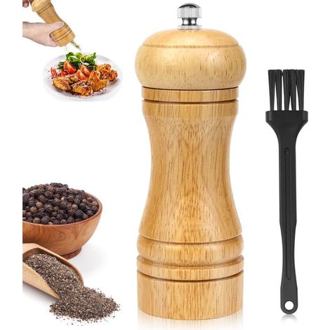 Hölzerne Pfeffermühle, kleine Pfeffermühle mit kleinem, manuell verstellbarem Mahlwerk aus Holz zum Mahlen von Meersalz, Pfeffer und Pfefferkörnern (1/5)