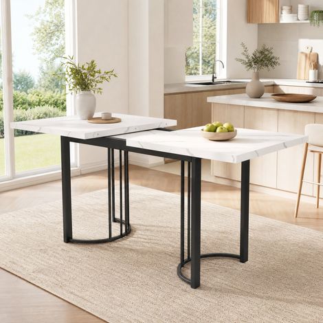 Table à manger extensible 179.5 × 80 × 75.5 cm, meuble de cuisine,table de cuisine gain de place, MDF, blanc+noir, avec pieds en métal (1/5)