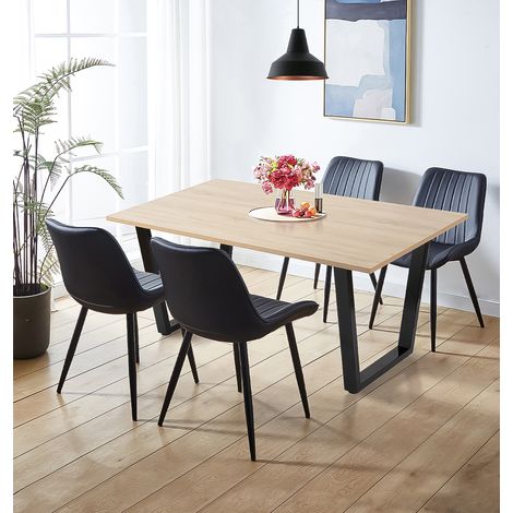 Hallowood Furniture Dudley Dining Table and Chairs Set 4, 150cm Light Oak Kitchen Table in U-Shaped Black Metal Legs with 4 Black Bonded Leather Dining Chairs for Home, Restaurant or Cafe (1/5)
