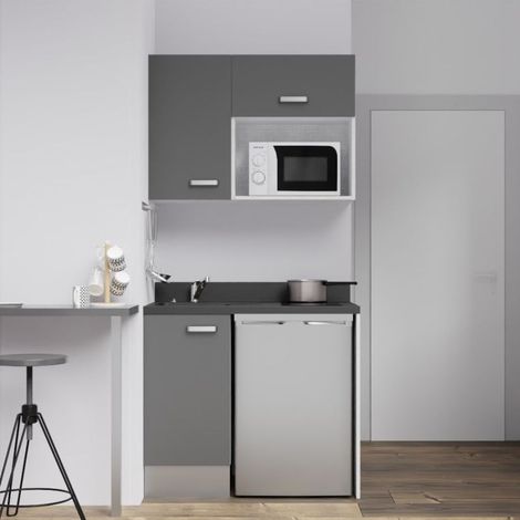 Cuisibane – Kitchenette 100 cm avec évier à gauche – Emplacements frigo top et micro-ondes – PlaniQuartz durable – Idéal pour petits espaces