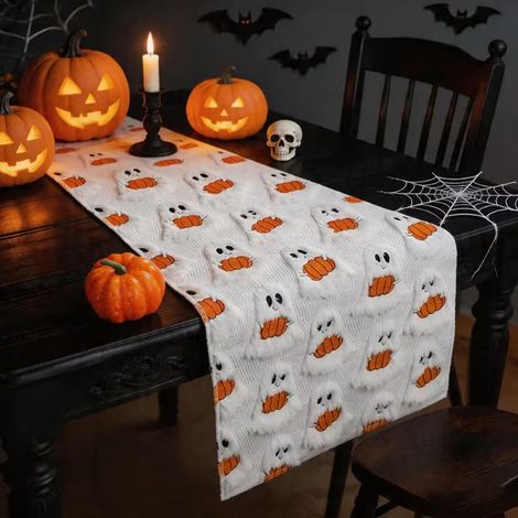 Chemin de Table Halloween, 33 x 183 cm, Chemin de Table en Peluche Jacquard 3D mit Fantôme und Citrouille, Dekoration des Table Halloween Mignonne (1/5)