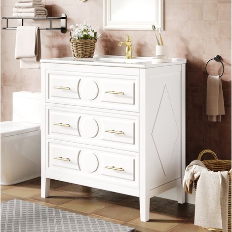 Mueble bajo lavabo blanco 81 x 46,5 cm con lavabo de cerámica, 3 cajones, OKWISH (1/5)