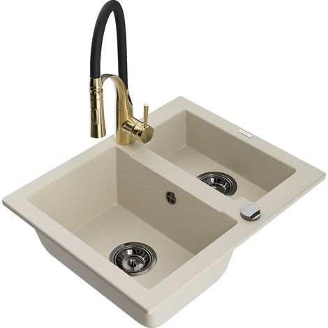Mexen Carlos granitspüle 1,5-becken mit küchenarmatur Aster, beige - 6518-69-73450-57-B (1/5)