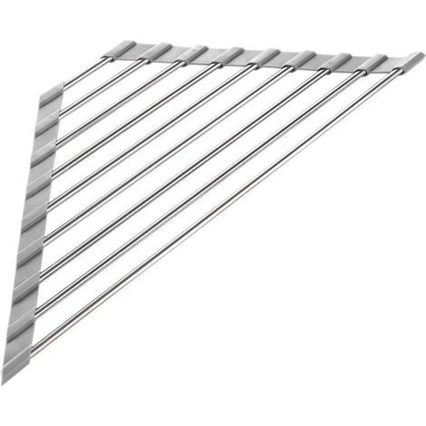 Égouttoir à vaisselle triangulaire enroulable pour évier d'angle, petit évier pliable en acier inoxydable, égouttoir de cuisine multifonctionnel, support de rangement (gris) (1/4)